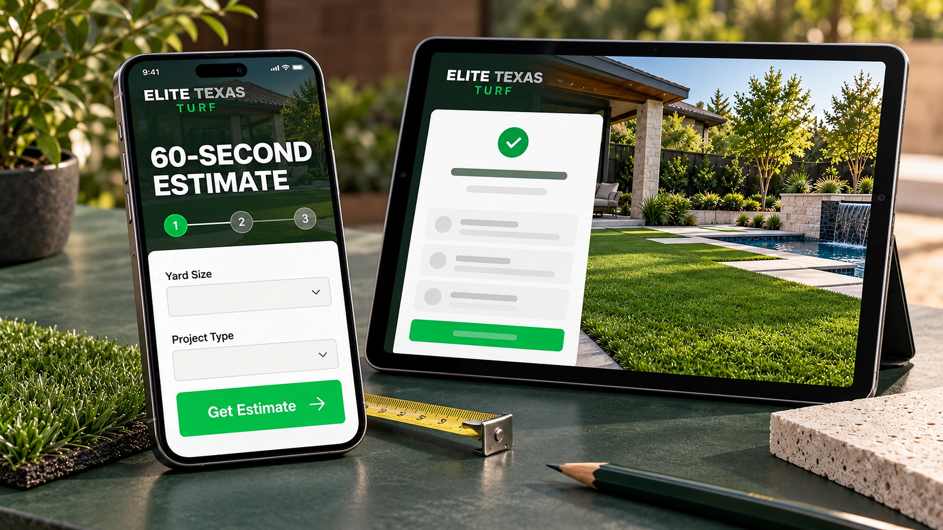 Elite Texas Turf 60-second cost estimator on phone and tablet