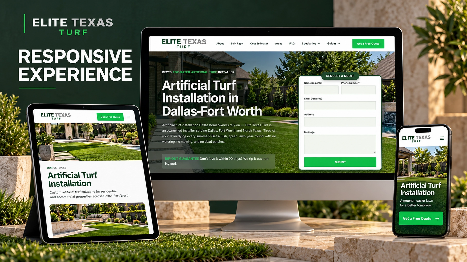 Elite Texas Turf responsive website on desktop, tablet, and phone
