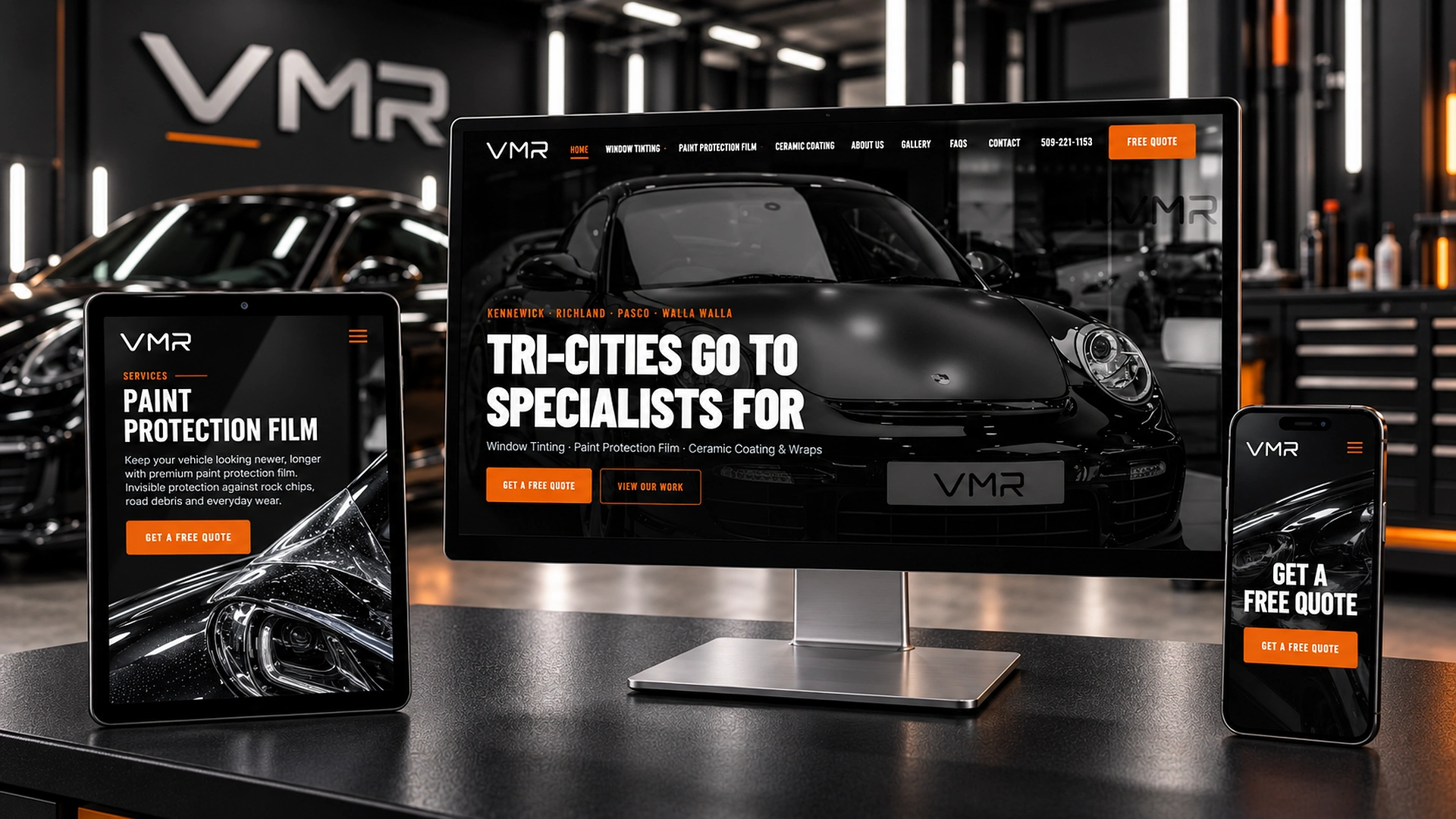 VMR Window Tinting responsive website on desktop, tablet, and phone