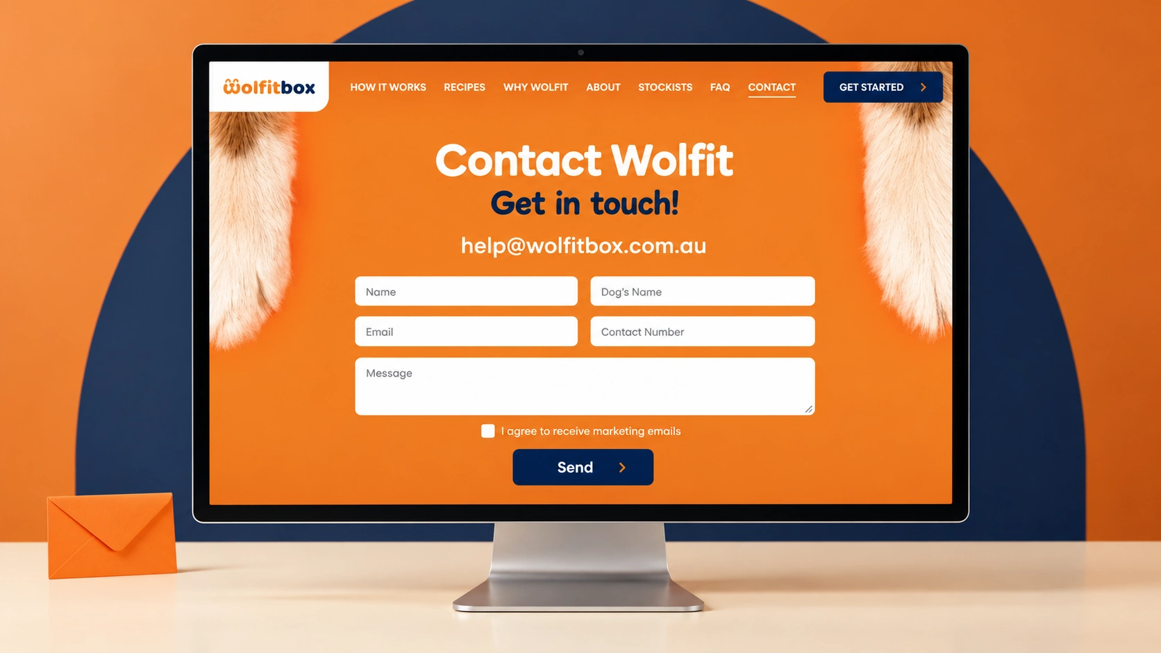 Wolfit Box website contact form with an email marketing consent checkbox