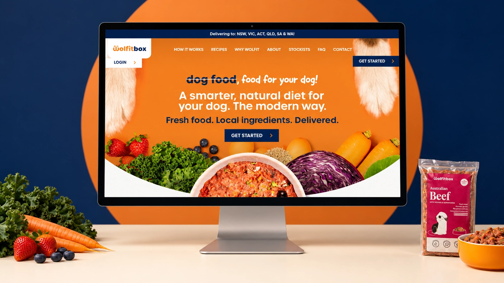 Wolfit Box homepage design shown on a desktop monitor