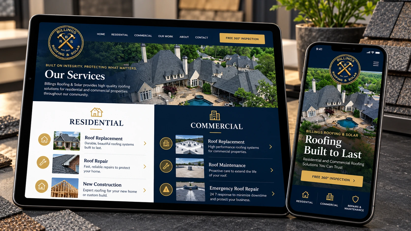 Billings Roofing responsive services website displayed on tablet and mobile