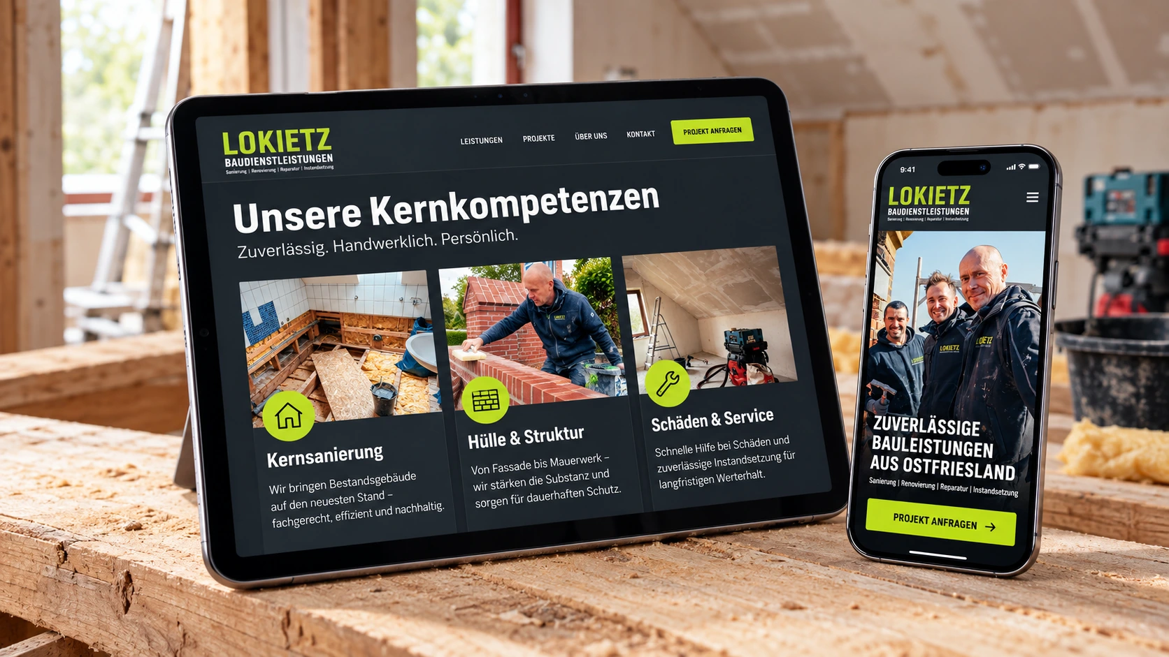 Responsive Lokietz Baudienstleistungen renovation services website displayed on tablet and mobile devices