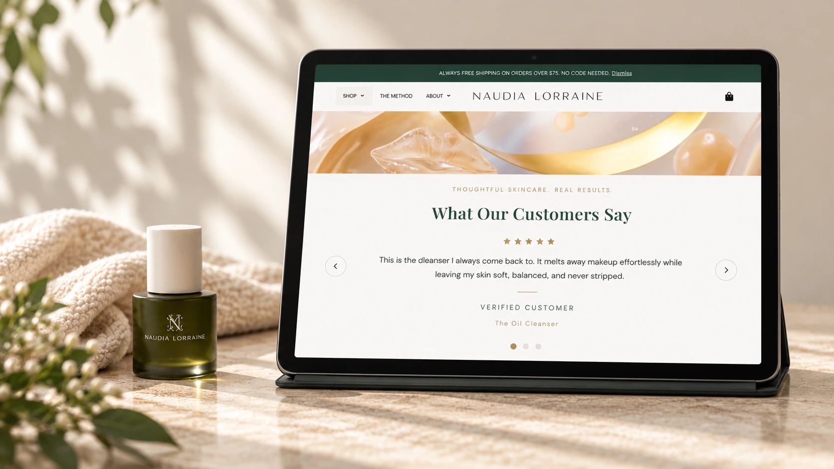 Custom customer-review slider developed for the Naudia Lorraine Skincare website