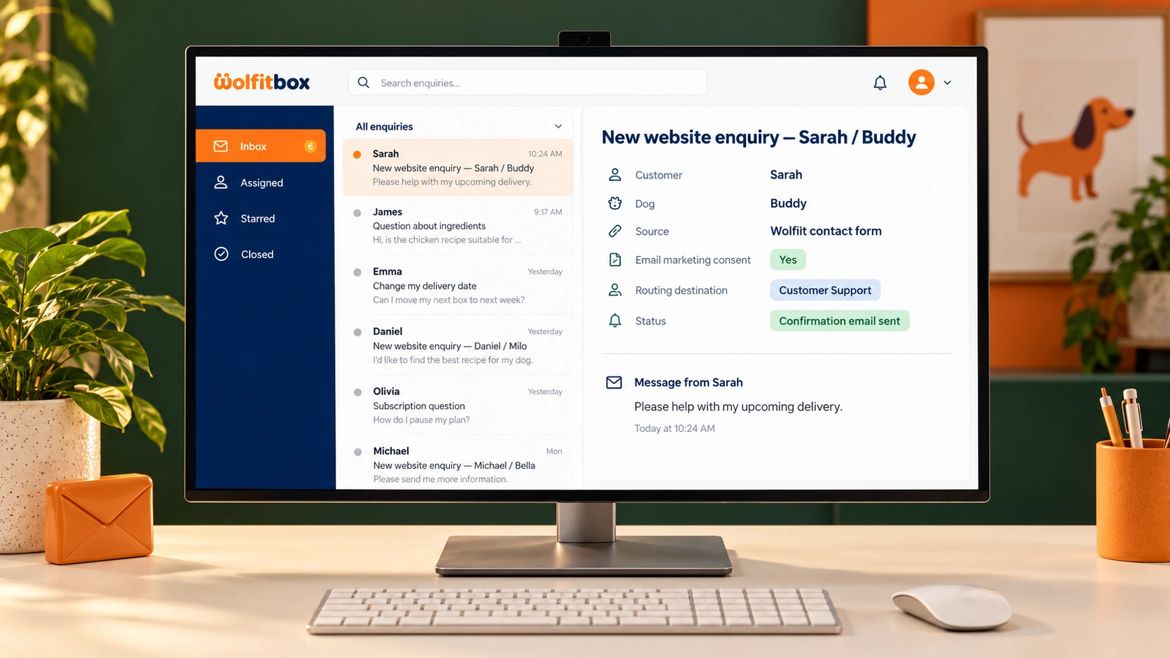 Website enquiry routed into the Wolfit Box support inbox with consent and routing details