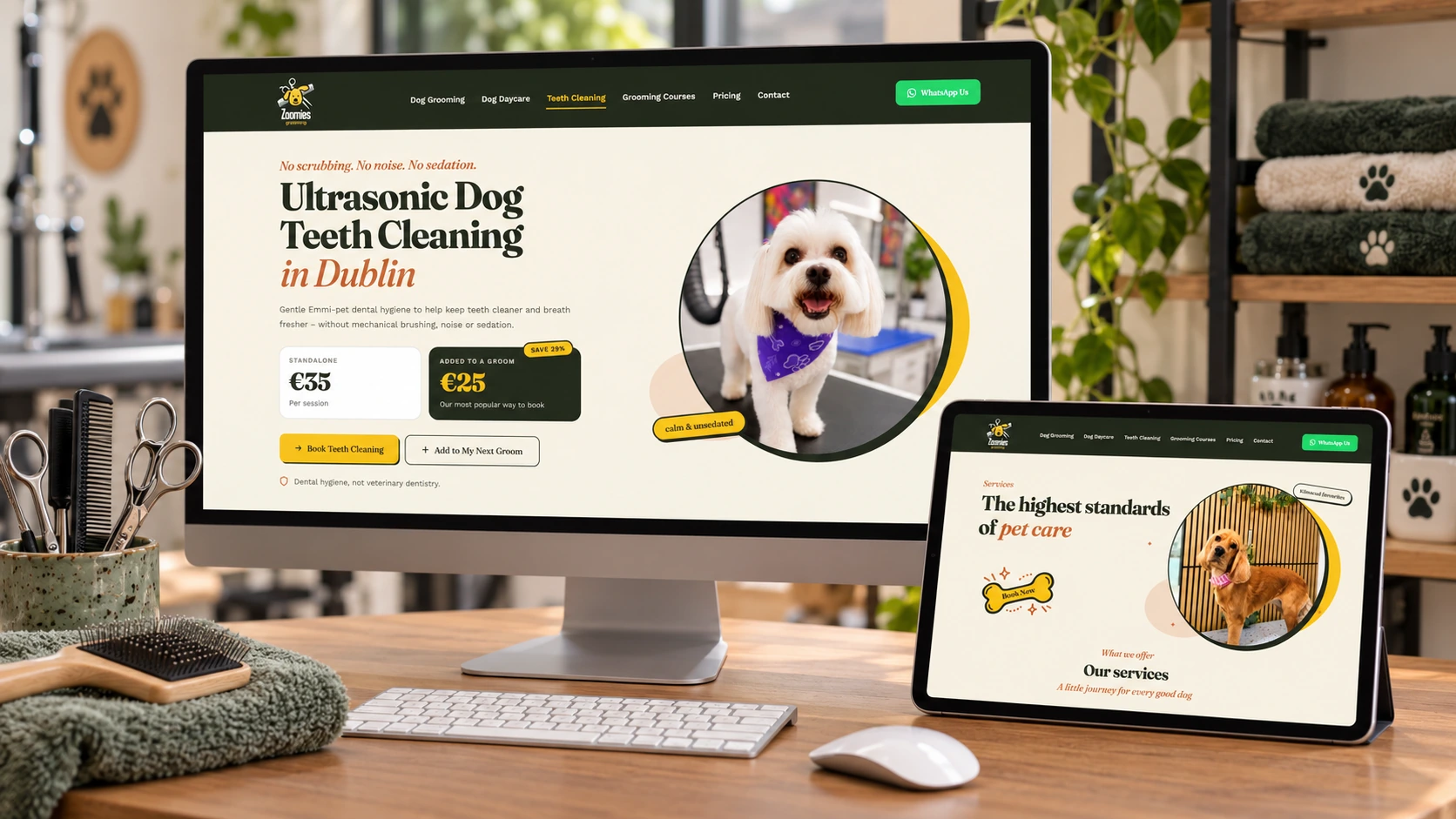 Zoomies teeth-cleaning and pet-care service page UI designs displayed on a desktop monitor and tablet