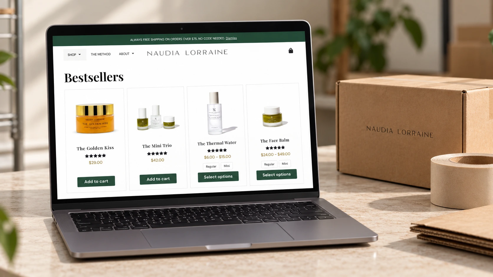 Repaired Naudia Lorraine Skincare shop page with aligned WooCommerce product cards