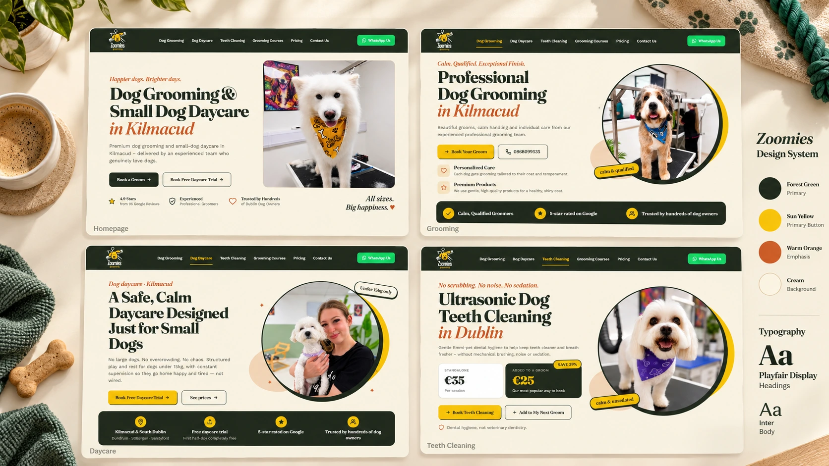 Zoomies site-wide UI design system showing consistent homepage, grooming, daycare and teeth-cleaning page layouts