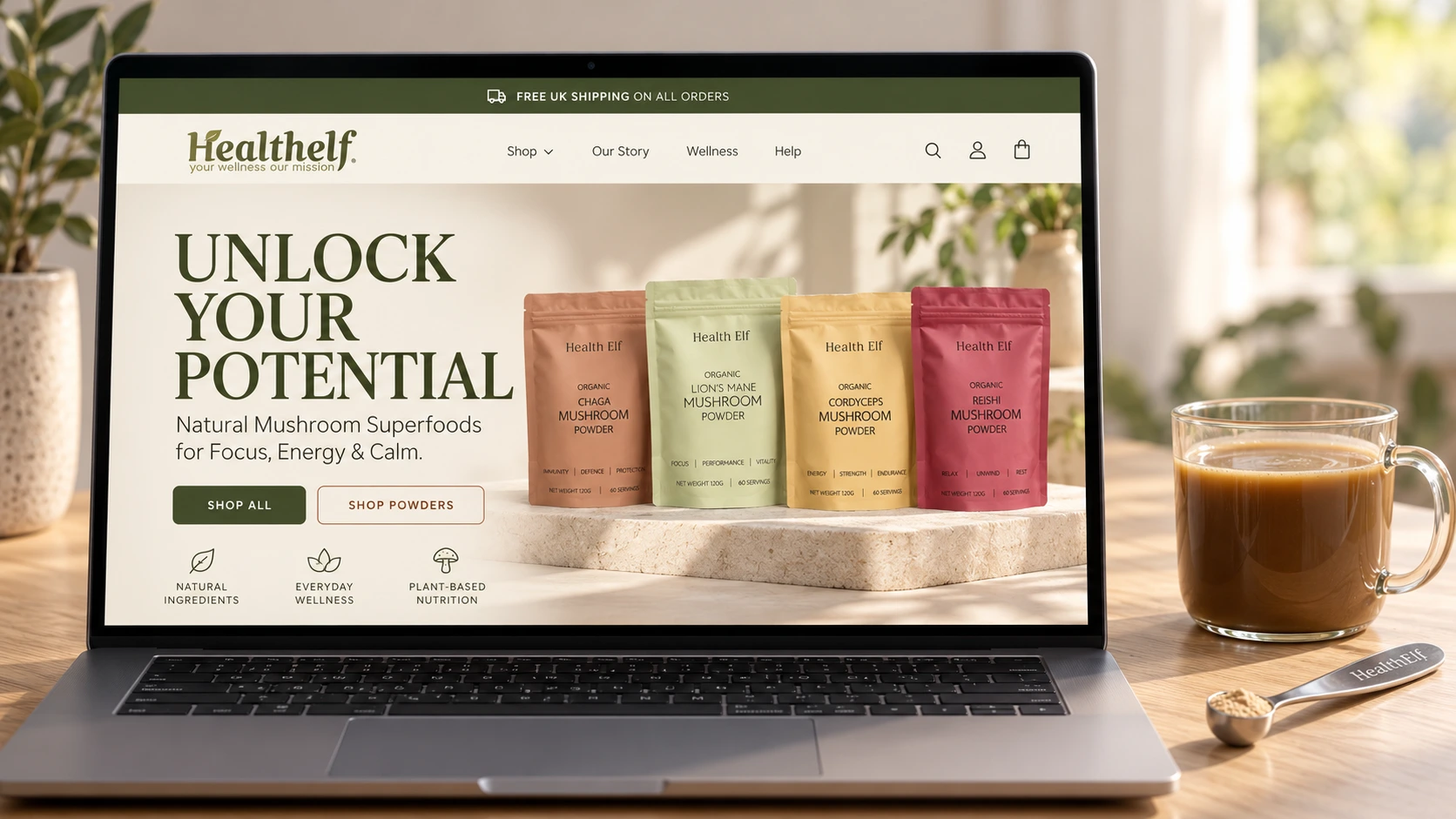 Redesigned HealthElf mushroom wellness homepage displayed on a laptop