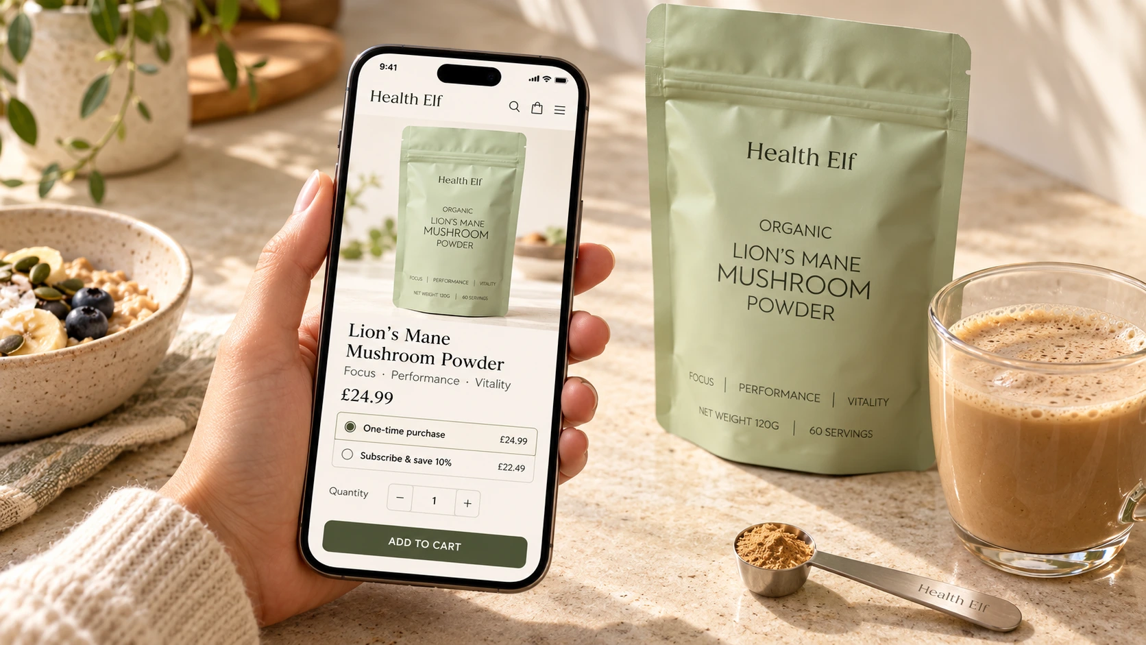 HealthElf Lion's Mane product and purchase options displayed on a mobile phone