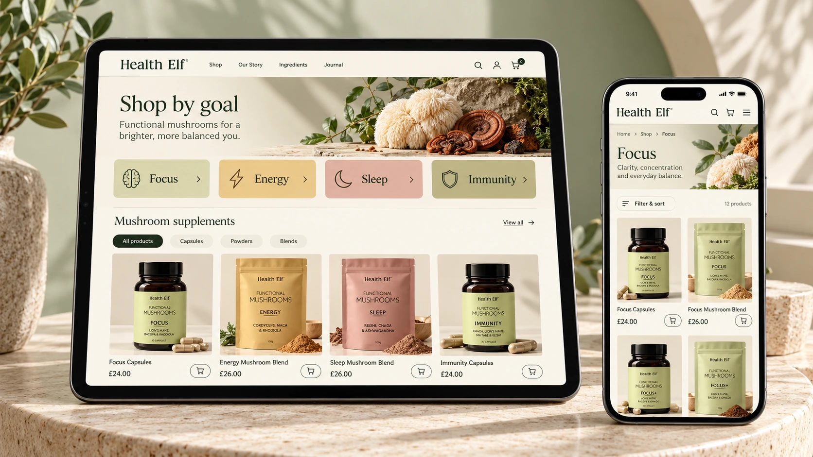 HealthElf responsive shop-by-goal catalogue displayed on tablet and mobile