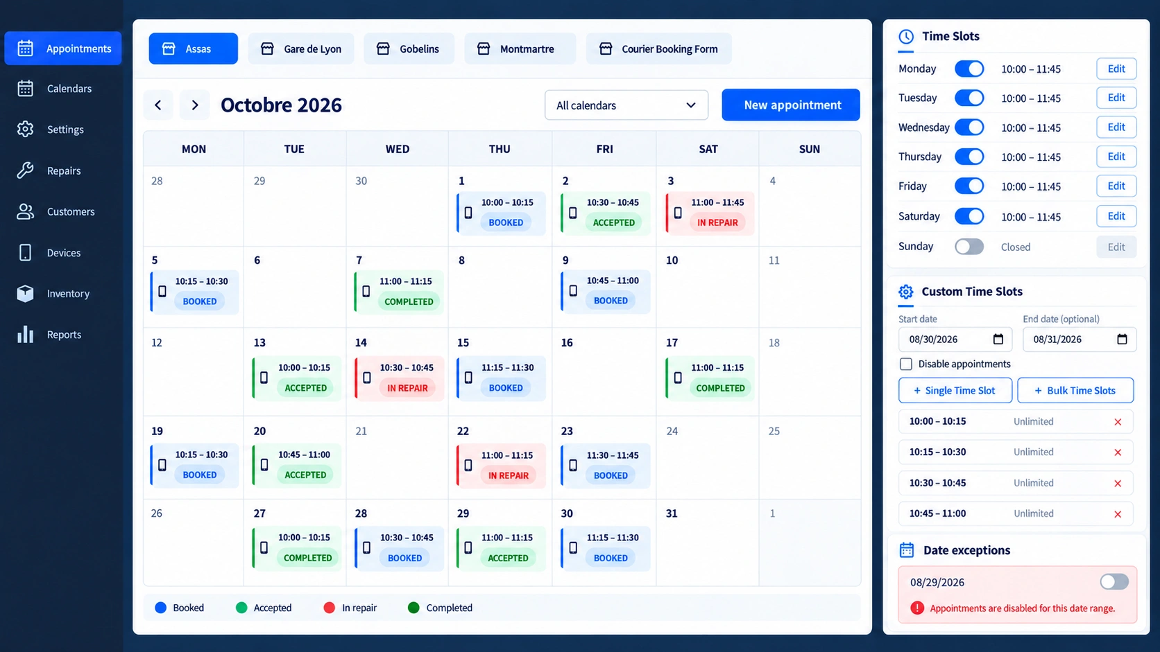 iPhoneCasse repair appointment and workshop scheduling dashboard