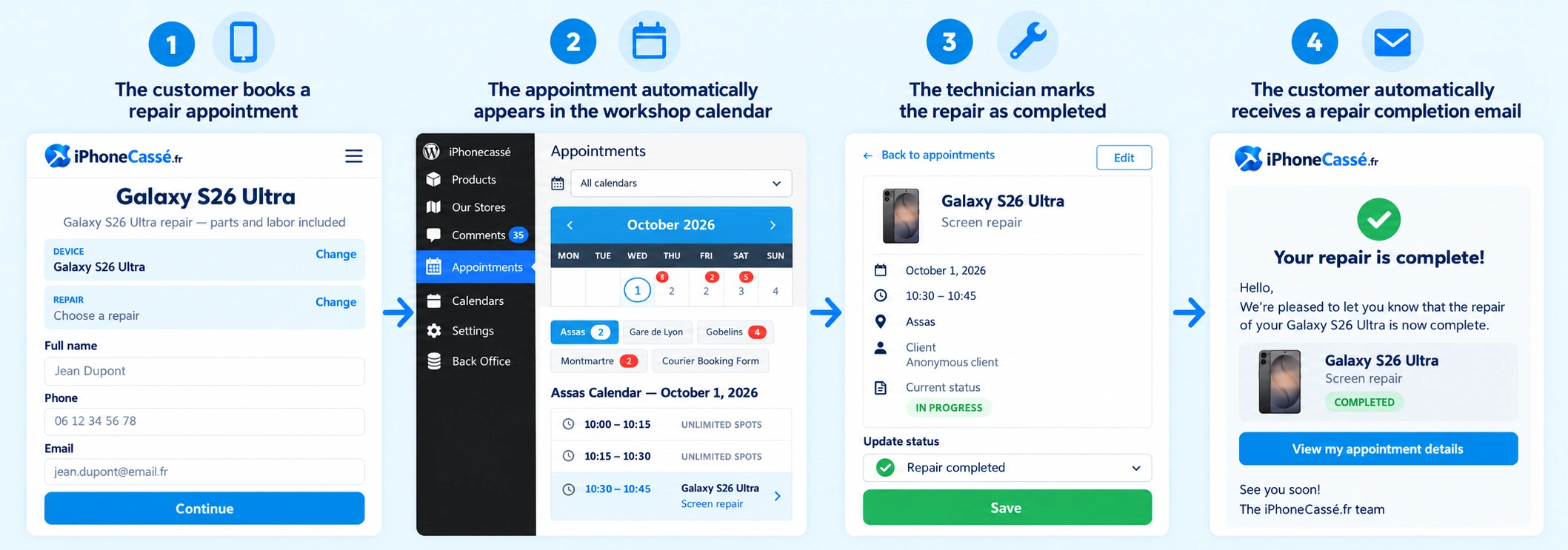 iPhoneCasse automated phone repair workflow from booking to completion email