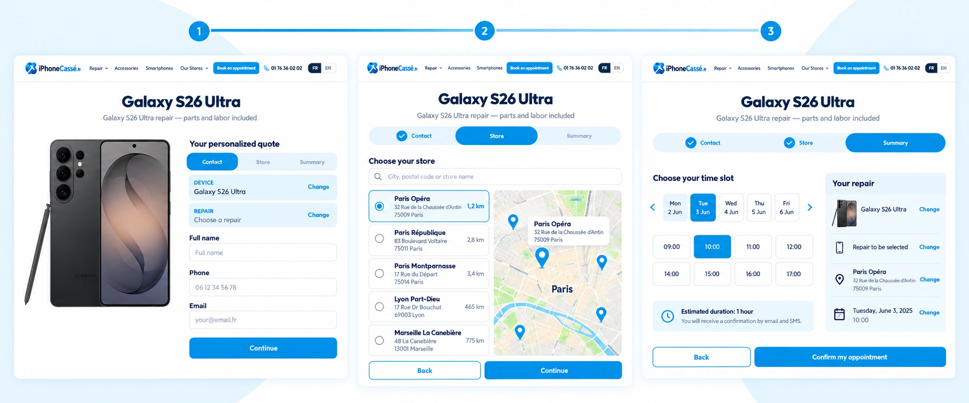Three-step customer journey for choosing a repair, store, and appointment