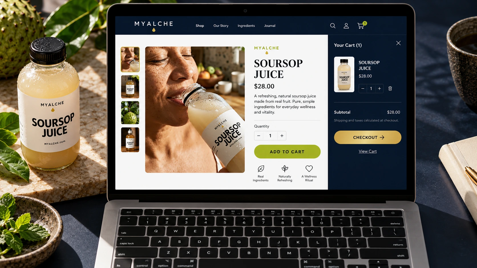 MYALCHE product page and shopping cart experience displayed on a laptop