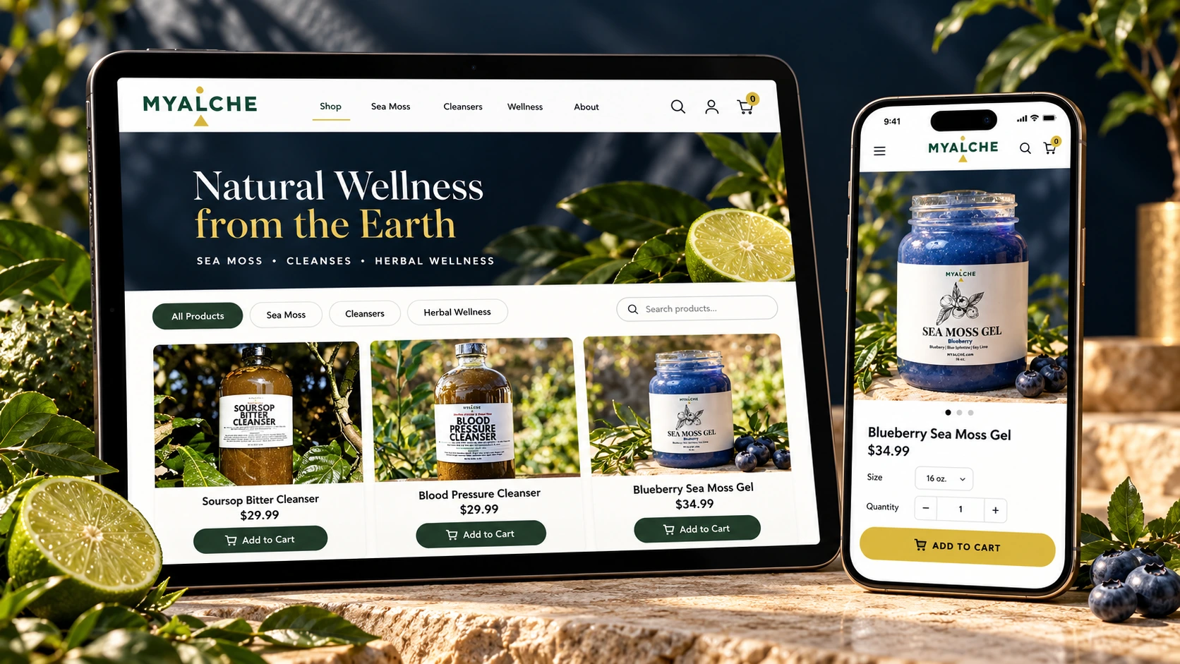 MYALCHE responsive product catalogue displayed on tablet and mobile