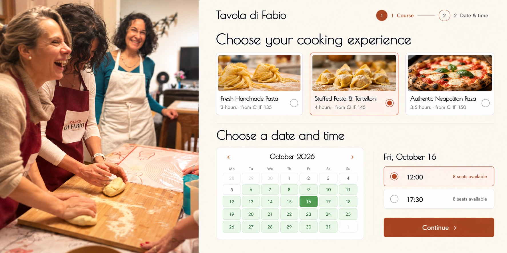 Course selection and availability calendar for Tavola di Fabio