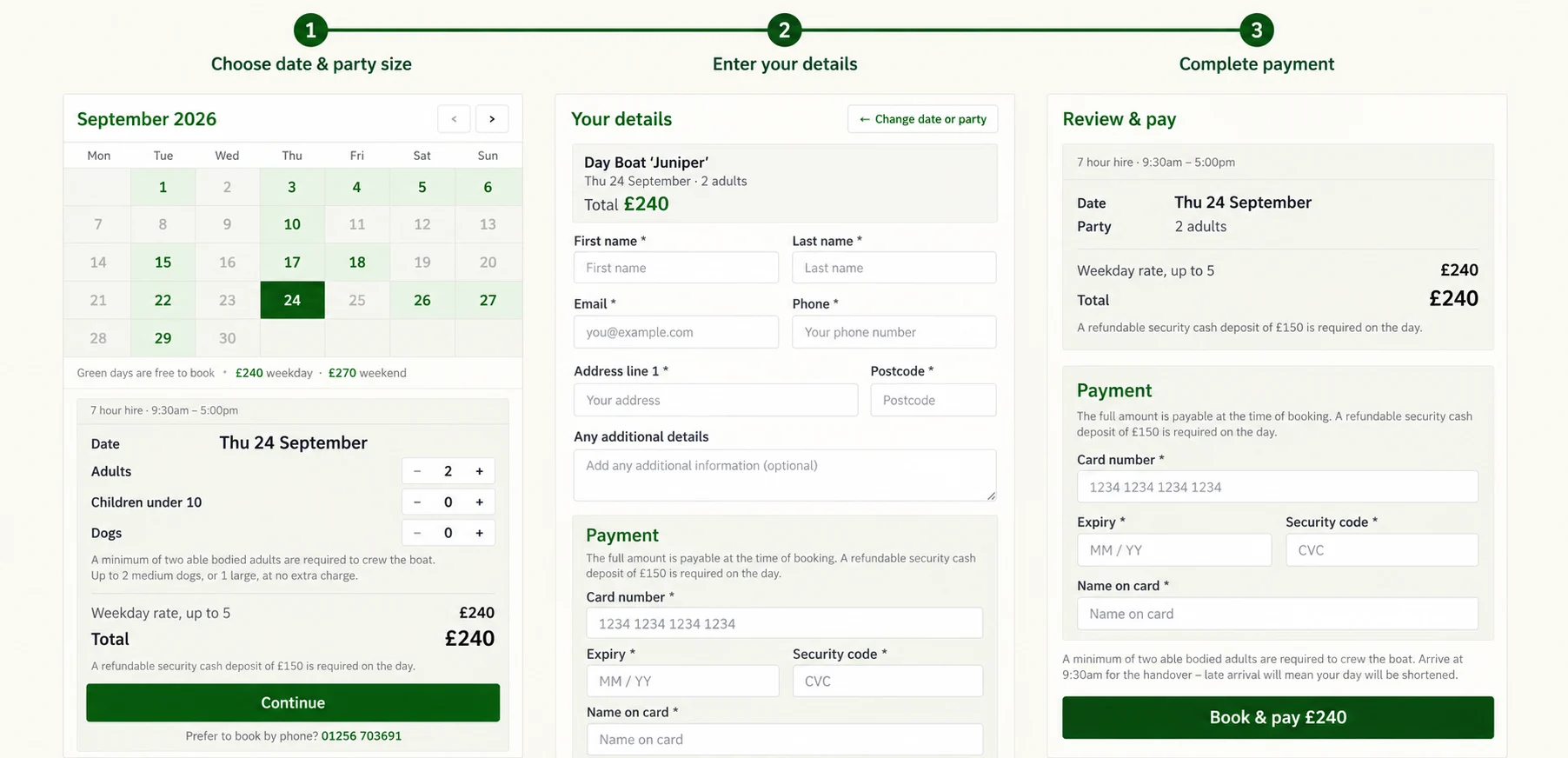 Date selection, customer details, pricing, and secure payment screens